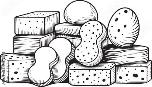 Pile of Assorted Sponges Hand-Drawn Illustration on Transparent Background for Cleaning and Hygiene