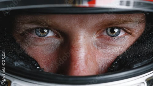 Focused Gaze: A racing driver peers intensely through the visor of his helmet, his eyes conveying determination and focus. 