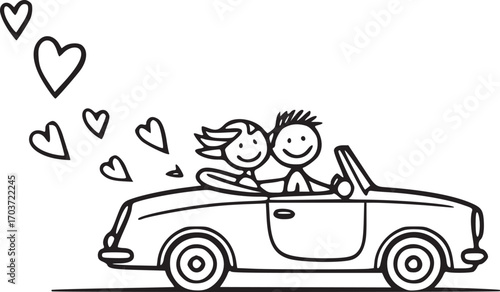 Love on the Road: A hand-drawn depiction of a happy couple, joyfully cruising in a convertible, with hearts symbolizing love and adventure floating above.