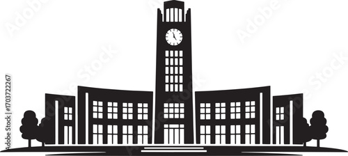 Silhouette of a Grand University Building with Clock Tower Against Transparent Background Vector Art