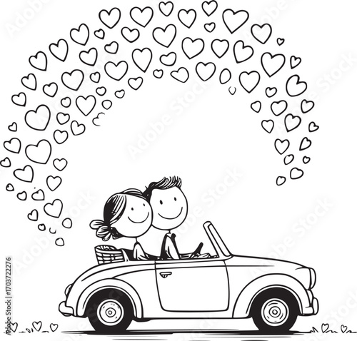 Love on the Road: A charming cartoon couple embarks on a romantic journey in a classic convertible, with hearts floating above, symbolizing their love.