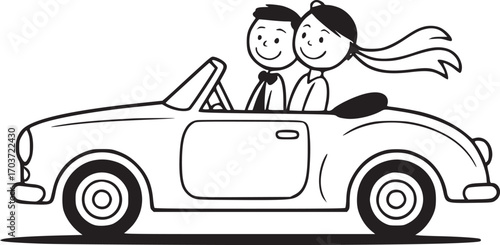 Newlyweds' Getaway: A newlywed couple joyfully embarks on a convertible road trip, symbolizing new beginnings, love, and the promise of a shared journey ahead.