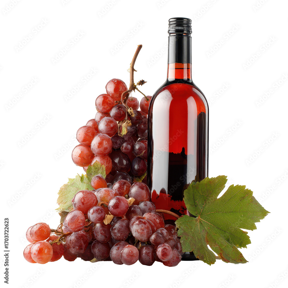 Obraz premium Red wine bottle alongside fresh red grapes with green leaves displayed attractively
