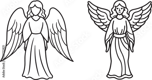 Set of Simple line drawing of an angel with outstretched wings outline vector illustration