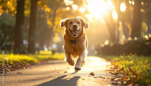 Golden retriever jogging in a park wearing a fitness tracker, morning light