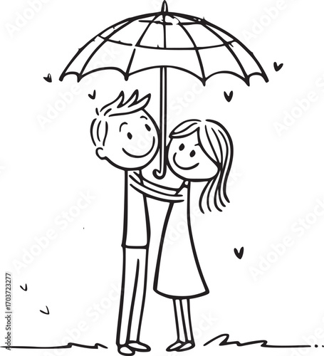 Love Under the Umbrella: A heartwarming sketch of a couple sharing a moment of togetherness and affection while sheltering under an umbrella.