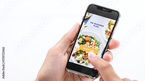 Hand Tapping Healthy Food Delivery App on Smartphone Screen