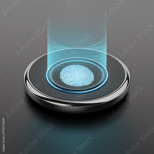Futuristic holographic fingerprint scanner projecting a glowing blue 3d image on a dark reflective surface