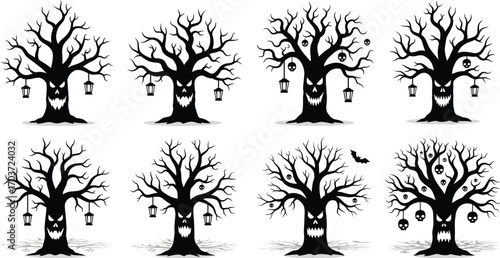 Spooky Halloween haunted tree vector illustrations with sinister faces, lanterns, skulls, bats, and eerie bare branches for seasonal design