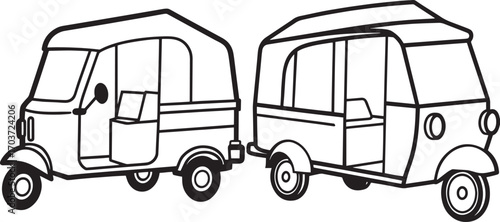 Set of Simple line drawing of a three wheeled auto rickshaw outline vector illustration