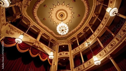 Ornate vintage theater interior with plush red curtains and grand chandelier