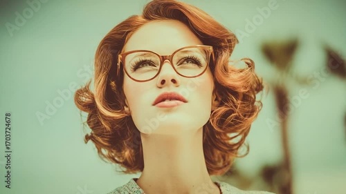 Wallpaper Mural Retro-styled woman with short curled red hair and large glasses gazes upward, outdoors with palm trees in the blurred background. Torontodigital.ca