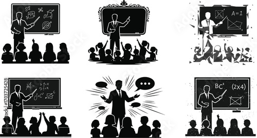 Teacher classroom silhouette vector set with students, blackboard, lessons, learning, education, mathematics, communication, teaching concepts, and school subjects illustration