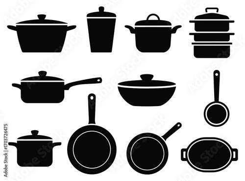 Collection of black silhouettes of various cooking pots pans and kitchen utensils