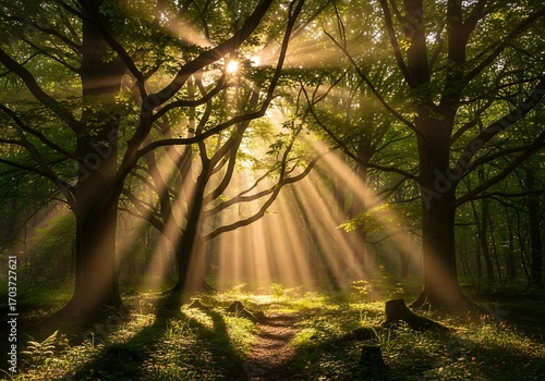 Sunlight filtering through trees creating ethereal glow on forest floor