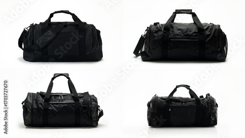 Fotografie Four different views of a black duff bag background style illustration layers sc