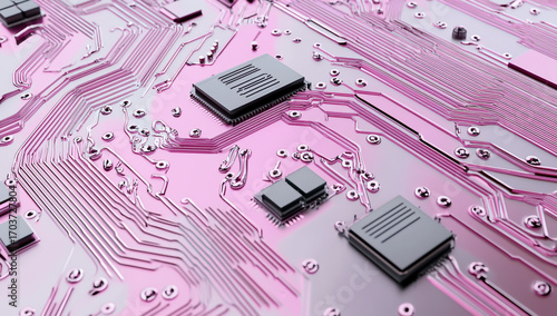 Closeup view of a pink motherboard with integrated circuits and components