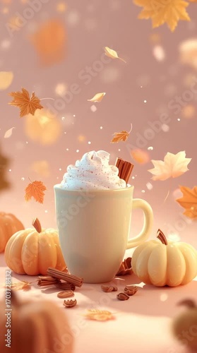 Whimsical hand-drawn animated illustration of a pumpkin spice latte in a cozy mug, surrounded by pumpkins, cinnamon sticks, and floating autumn leaves with soft glowing colors.
