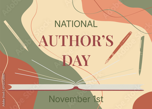 National Author's Day Opened Book Pens Abstract Background
