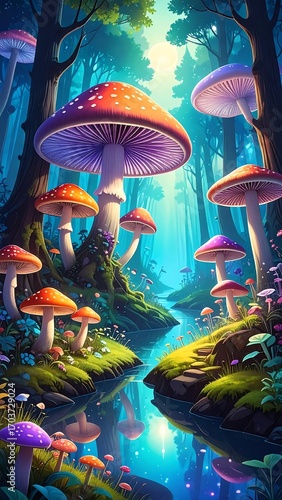 A vibrant forest path lined with colorful mushrooms