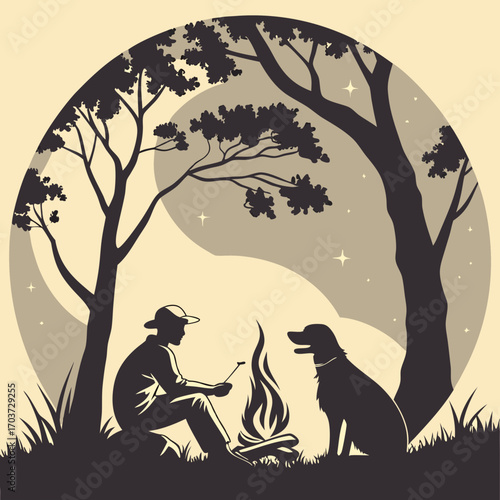 Serene illustration of a camper and his loyal dog by the fire, a moment of balance and connection with nature