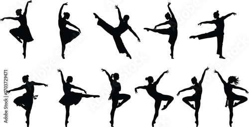Silhouettes of ballet dancers performing classical and modern poses with elegance, artistic choreography, graceful movement, balance, flexibility and expression illustration