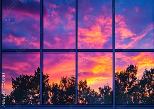 Vibrant sunset reflecting in large glass windows