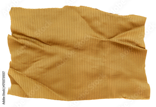 A piece of torn yellow fabric on a white background. Textile isolate