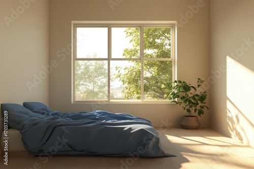 Bright and airy bedroom with window and plant