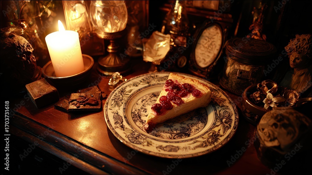 Fototapeta premium A slice of cheesecake topped with cherries rests on an ornate plate, surrounded by vintage decor, candles, and trinkets, This cozy setting is perfect for culinary blogs, dessert recipes