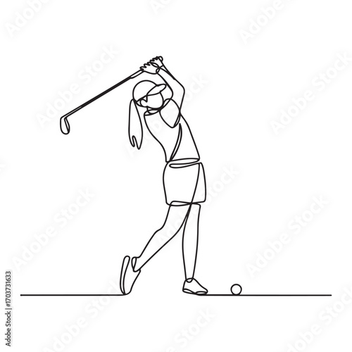 Single continuous line Art drawing young woman golf player swing golf club and hit the ball. Leisure sport concept. with white background