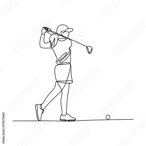 Single continuous line Art drawing young woman golf player swing golf club and hit the ball. Leisure sport concept. with white background