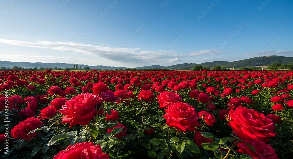 Fototapeta premium Red Rose Field Under Blue Sky.