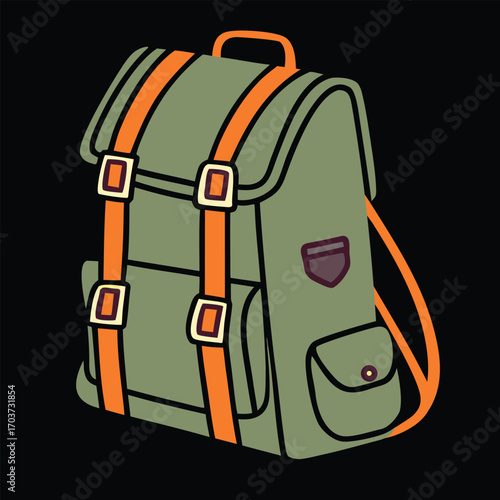 Green backpack with orange straps and buckles illustration
