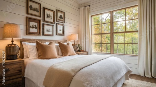 Cozy bedroom with a view of autumn scenery