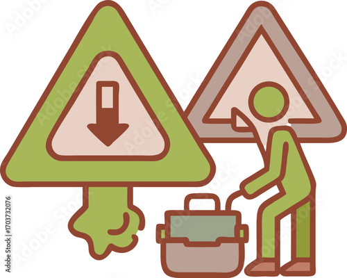 Plumber in bathroom repairing leak, toolbox under recycle symbol, water drops falling, big warning triangle near outline.