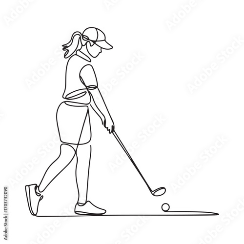 Single continuous line Art drawing young woman golf player swing golf club and hit the ball. Leisure sport concept. with white background