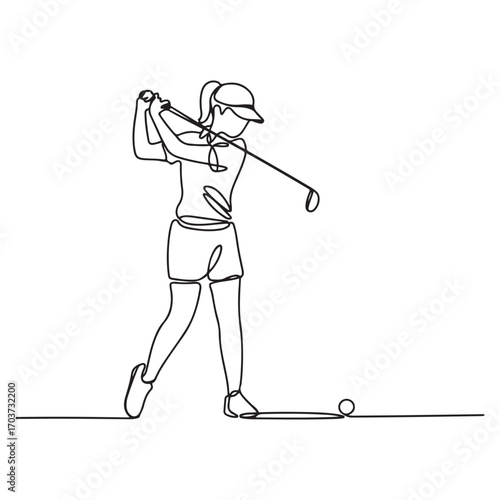 Single continuous line Art drawing young woman golf player swing golf club and hit the ball. Leisure sport concept. with white background