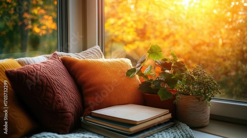 Cozy corner with plants in autumn sunlight