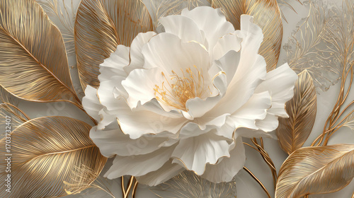 Beautiful spring 3D white flower with golden leavs on decorative background as wallpaper illustration, Elegant White Gold Flower	