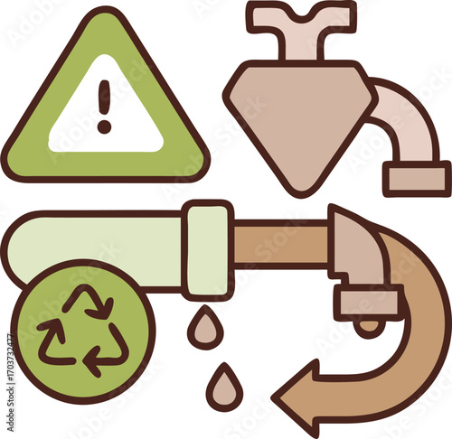 Modern gradient line art icon of leaking pipe with drops, plumber character inside bathroom outline, toolbox with recycle logo, warning sign blended in background.