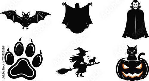 Halloween silhouette vector set with bat, ghost, vampire, paw print, witch on broomstick, black cat, jack‑o‑lantern icons