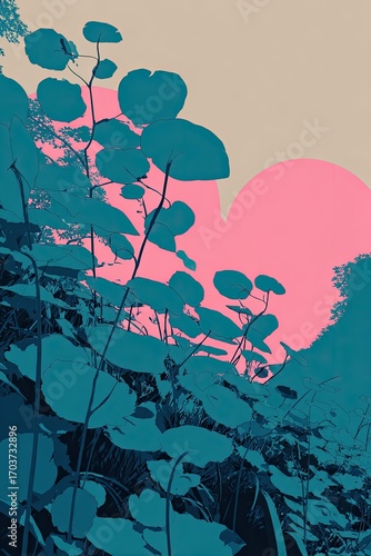 A stylized depiction of teal foliage ascending a slope against a muted background featuring a prominent pink orb