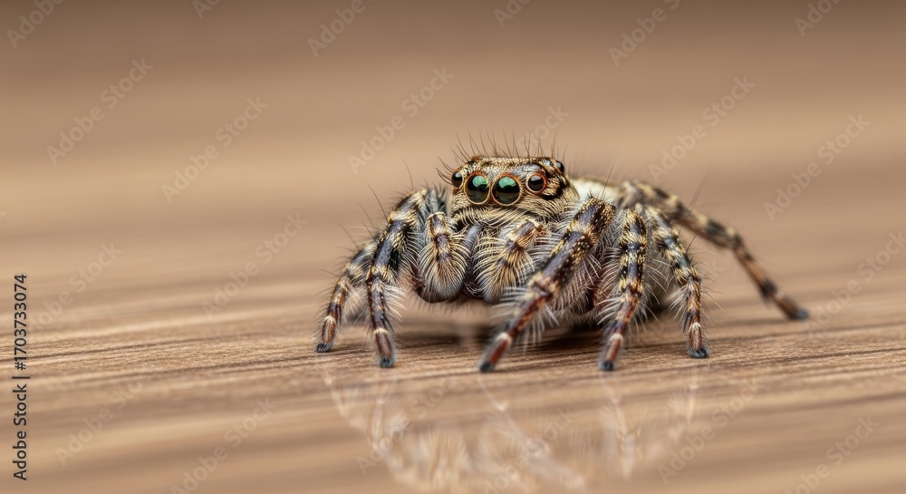 Obraz premium Close-up of a jumping spider with striped legs and bright eyes on wooden surface
