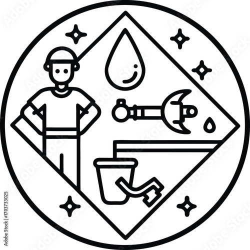 Bathroom outline, leaking pipe, plumber kneeling with wrench, toolbox open with recycle arrows, water drops hitting warning triangle.