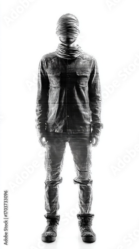 A monochromatic full-length portrait of a person with their face obscured by fabric, standing against a stark white background, dressed in casual, textured clothing