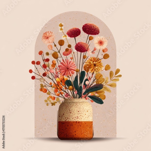 A vibrant arrangement of flowers in a decorative vase set against a soft, pastel background