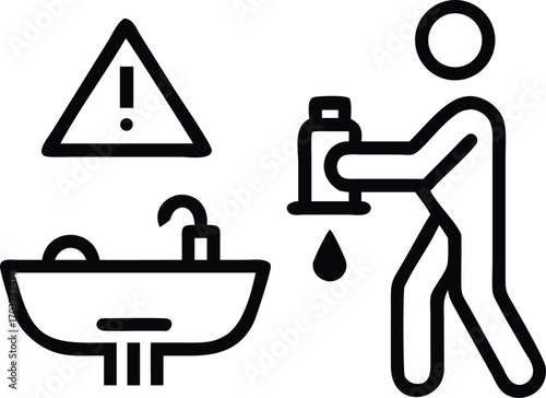 Outlined simple icon showing bathroom sink leaking, plumber fixing with wrench, toolbox with recycle symbol beside, warning sign above drops.