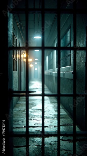 Dimly lit prison corridor with barred windows, shadows, and eerie atmosphere, evoking suspense