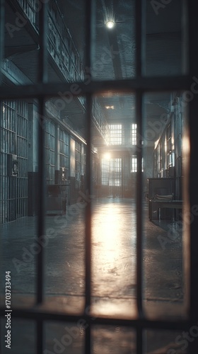 Dimly lit prison corridor with barred windows, highlighting the atmosphere of confinement and solitude
